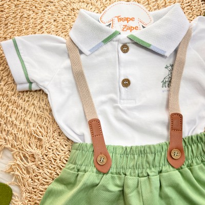 Conj. Body Gola Polo e Bermuda com Suspensório - Off White e Verde Conj. Body Gola Polo e Bermuda com Suspensório - Off White e Verde